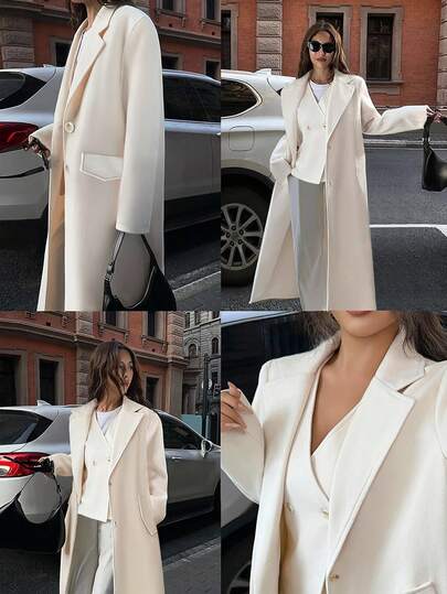 Elenzga Women's Winter Elegant Travel, Ins Style, Versatile Apricot Vest And Mid-Length Overcoat