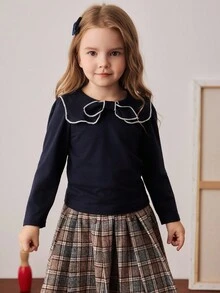 PrepCrw Young Girls' Preppy Style Bow Collar Long Sleeve T-Shirt Fall Winter - Blue - View 6