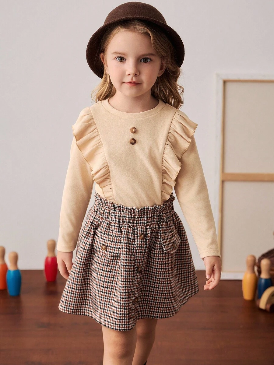 PrepCrw Conjunto de camiseta con cuello de volantes y falda a cuadros, estilo escolar para niñas jóvenes - Multicolor - Ver 1