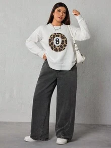 SHEIN ICON 大码女式高腰口袋阔腿宽松休闲牛仔裤 - 灰色 - 查看 5