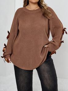 SHEIN CURVE+ Plus Size Loose Knit Sweater With Hollow Bow Knot Decor, Plus Size Cute Fall Pullover In Beige, For Winter Thanksgiving - Brown - View 8
