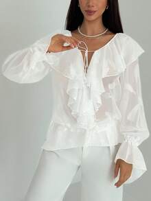 Aloruh 女士荷叶边领前系带喇叭袖宽松时尚衬衫返校季返校季返校季返校季女士返校节白色碎花浪漫荷叶边衬衫气质女神 - 白色 - 查看 5