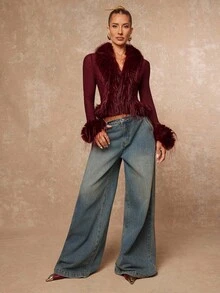 Lumalex Winterlicher Faux-Pelz Patchwork Kragen & Manschetten, transparente Mesh Taille Damen Top in Burgunderrot, Federn Kleid in Bordeauxrot, Luxus Abendkleid für Feiern, Partys, Hochzeiten, Urlaub, Weihnachten und Silvester - Bordeaux - Übersicht 7