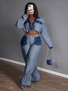 Slaydiva Plus Size Women High Waist Zipper Pocket Ruffle Hem Loose Fashion Jeans - Blue - View 6
