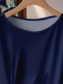 SHEIN Clasi 两件套女士休闲藏蓝色蝴蝶结衬衫和宽松直筒几何印花裤套装，适合初秋穿着 - 彩色 - 查看 4