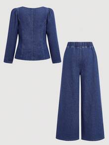 SHEIN Tween Girl Fall Winter France Casual Street Fashion Plain V-Neck Long Puff Sleeve TopDenim Jacket And Baggy Straight-Leg Pants Denim Two Pieces Set,Casual Collegiate Style Comfortable Fashion Minimalist Practical Versatile Soft Fabric,Girls Fall Winter Clothes Back To School Homecoming Outfits,Autumn Clothes,Streetwear Outfits - Medium Wash - View 6