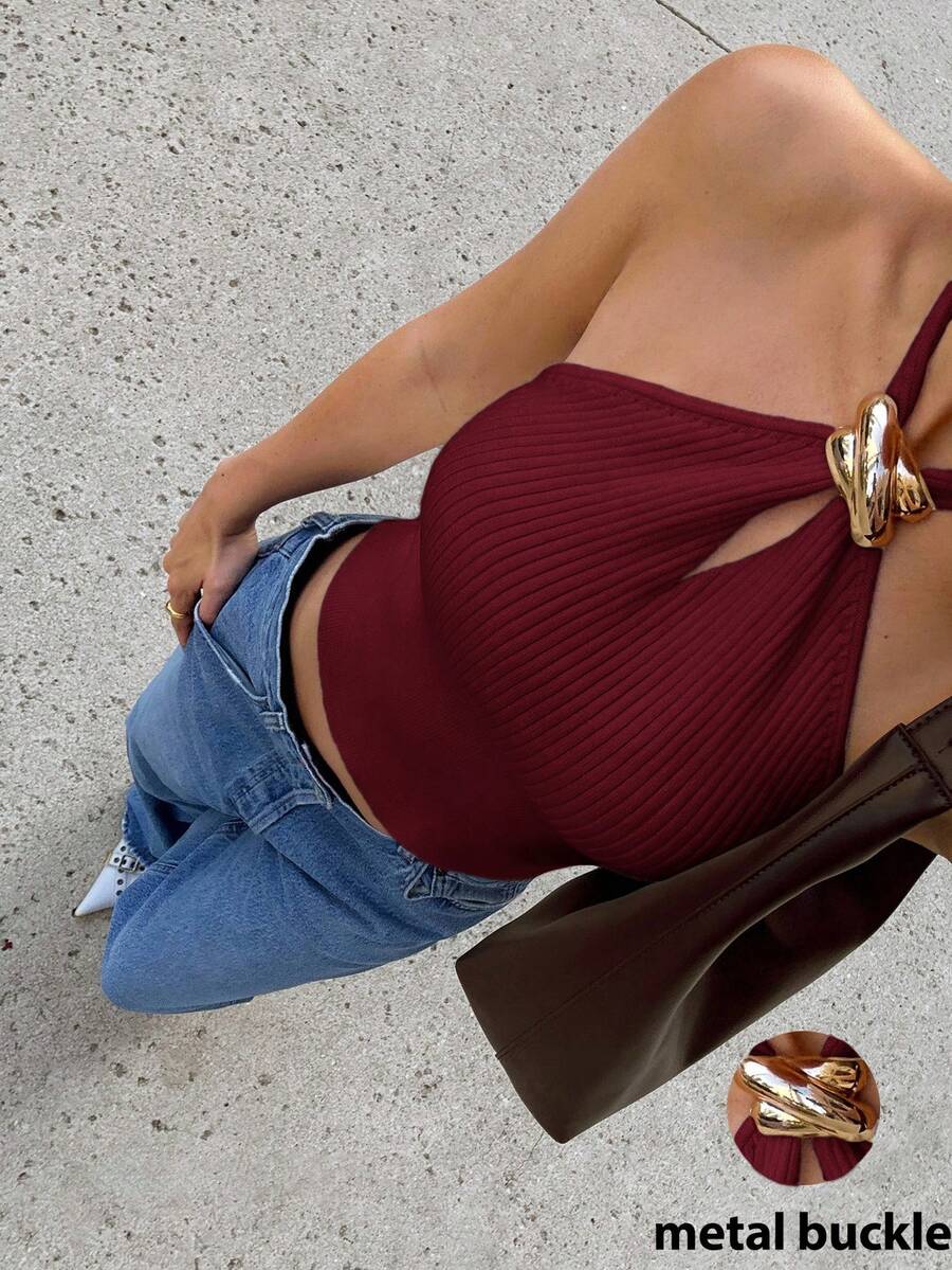 Siren Gaze Áo len cổ yếm trang trí kim loại mới 2025 dành cho nữ vào mùa thu/đông - Màu Đỏ Sâu - Xem 1