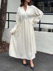 DAZY Women's V-Neck Cinched Waist Long Sleeve Loose Flared Dress Maxi Dress - White - View 5
