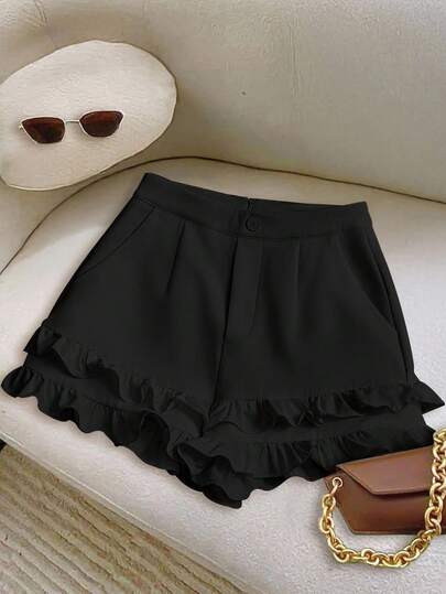 Franclia Pantalones cortos acampanados para mujer de unicolor, ajustados, con bolsillos reales, cintura ceñida, adorno de volantes 3D, cremallera, botón, para vacaciones, elegantes, casuales, de oficina, minimalistas, sexys, elegantes para primavera/verano