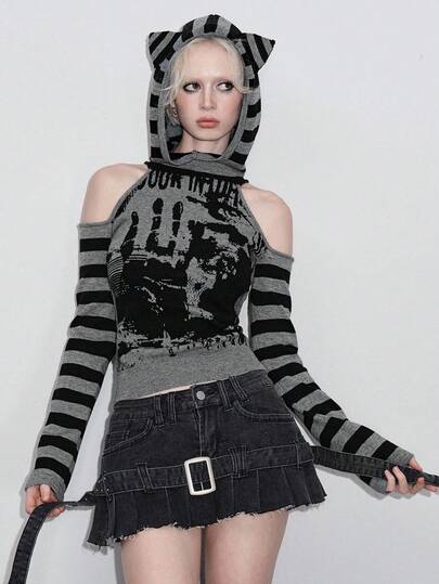 Kawaii Women's Cute & Sweet Tie Cuff Decor Off-Shoulder Lantern Sleeve Cropped Sweater