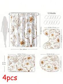 SHEIN 1 件复古植物与动物图案浴帘 - 乡村骷髅、棕褐色调、野玫瑰与罂粟花设计，防水涤纶，带 12 个挂钩，70x70 英寸，非常适合自然风格的浴室，防水窗帘 | 乡村风格浴室配件 | 棕褐色调窗帘，浴室浴帘套装 - 彩色 - 查看 8
