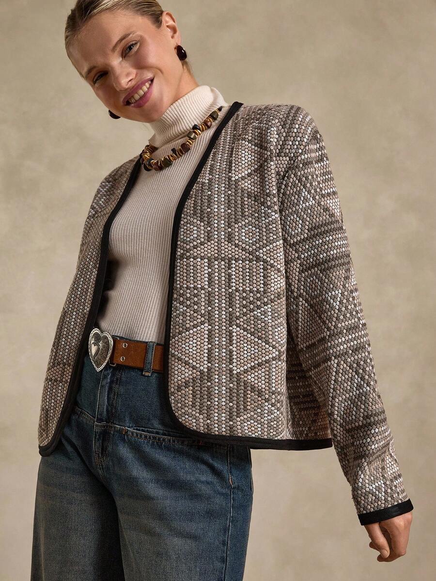 Bóhologie Geometrisch gemusterte Jacke mit schwarzem Saum, leichte Strickware, elegante und vielseitige Westernkleidung - Verschiedenfarbig - Übersicht 1