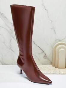 SHUZIA 女式中棕色高跟简约基本款休闲日常舒适PU巧克力色高跟靴 - 巧克力棕 - 查看 4