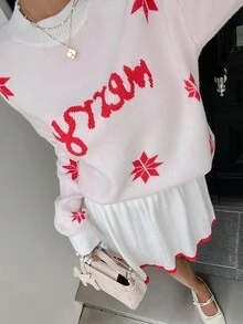 Chiquease Elegant Christmas Casual Loose Crew Neck Long Sleeve Knitted Snowflake Christmas Element Contrast Trim Pleated Midi Skirt Women Sweater Two Pieces Set, Autumn/Winter,Women's Winter Clothes,Christmas Women's Clothing,Going Out Outfit,Women's Set