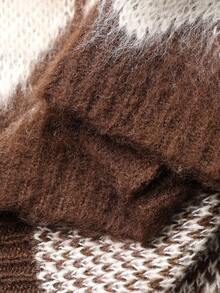 DAZY Women's Loose Casual Plaid & Diamond Pattern Color Block Long Cardigan, Suitable For Autumn & Winter