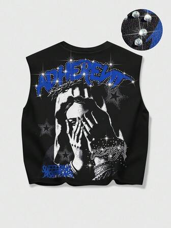 Grunge Punk Camiseta de tirantes con estampado de figura para hombre (decoración aleatoria de rhinestones), verano