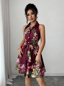 Elenzga 女士优雅花卉印花露肩系带连衣裙 - 彩色 - 查看 3