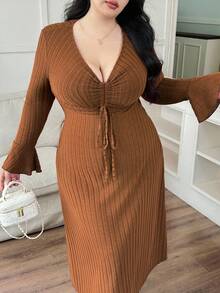 Modelyn Plus Size Women Textured Drawstring Knit Dress - Brown - View 1