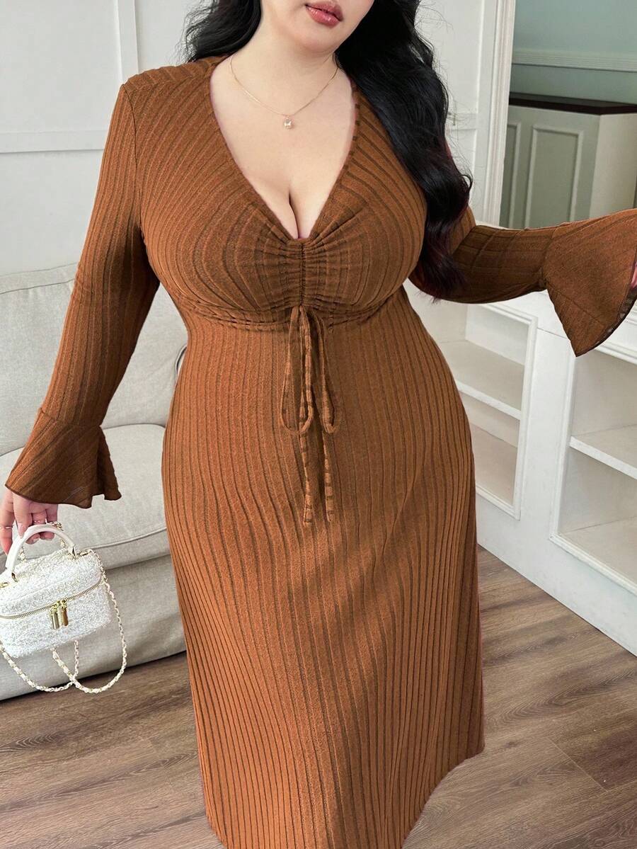 Modelyn Plus Size Women Textured Drawstring Knit Dress - Brown - View 1