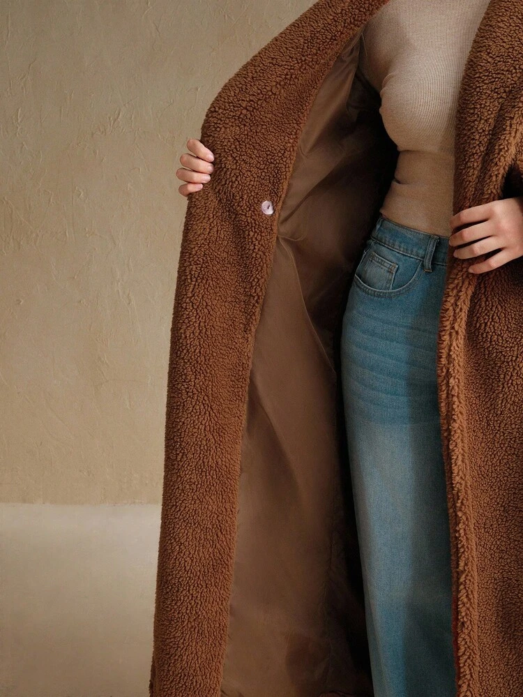 プラスサイズ レディース ロング フェイクシェアリング テディコート、プラスサイズ襟、ベルト付きウエスト、ダブルブレスト、ファッションアウターウェア 秋冬、お出かけ、エレガント、フォーマル、パーティー、シック、新年、クリスマス、仕事、卒業式、結婚式