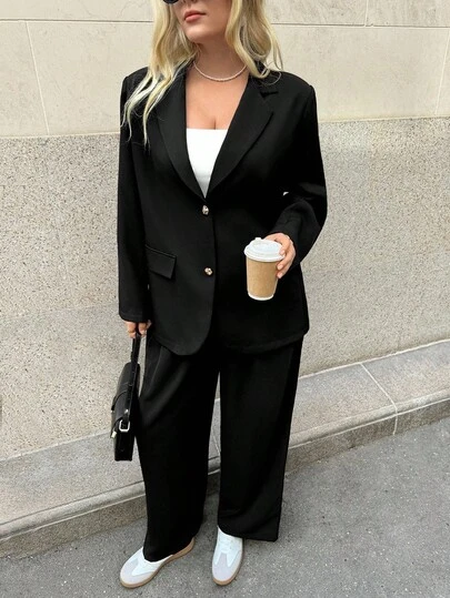 Auralis 大码女式秋冬时尚休闲宽松舒适日常基本百搭金属纽扣黑色西装外套、女式西装外套、复古风格、秋季服装、办公室服装