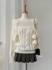 Comfortcana 女士休闲纯色露肩交叉带毛衣，秋冬 - 米色 - 查看 1