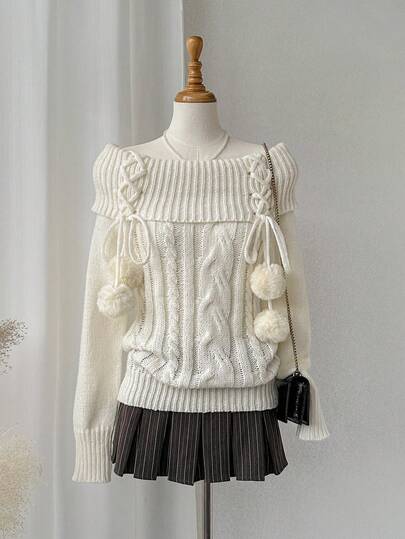 Comfortcana 女士休闲纯色露肩交叉带毛衣，秋冬