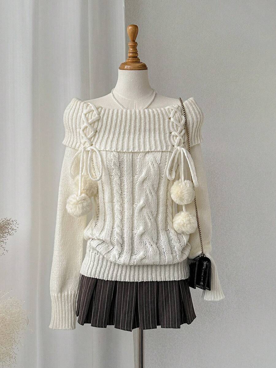 Comfortcana 女士休闲纯色露肩交叉带毛衣，秋冬 - 米色 - 查看 1