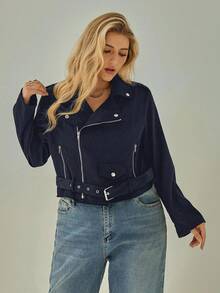SHEIN Essnce Plus Size Casual Versatile Suede Biker Jacket, Autumn/Winter - Navy Blue - View 8