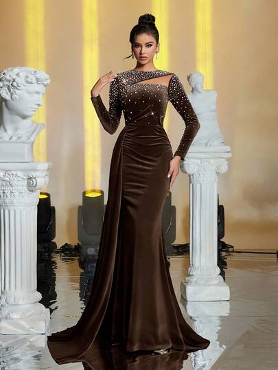 Glamrae 优雅的海军蓝天鹅绒网眼镂空手工渐变串珠垂坠鱼尾礼服