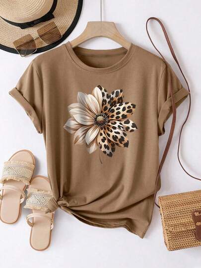 EMERY ROSE Plus Size Women Casual Sunflower & Leopard Print Round Neck Short Sleeve T-Shirt