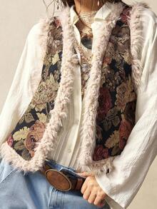 Bohemela 女式休闲花卉提花开襟无袖仿皮草大衣，秋冬 - 彩色 - 查看 2