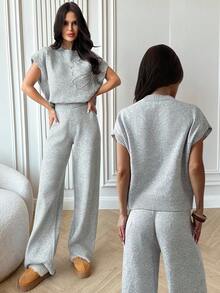 Firerie 女士时尚休闲度假 3D 扭纹圆领无袖毛衣上衣和裤子毛衣套装，休闲宽松裤套装，秋冬灰色扭纹毛衣套装 - 灰色 - 查看 3