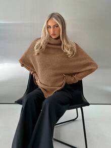 Aloruh Turtleneck Batwing Sleeve Sweater,Fall - Camel - View 4