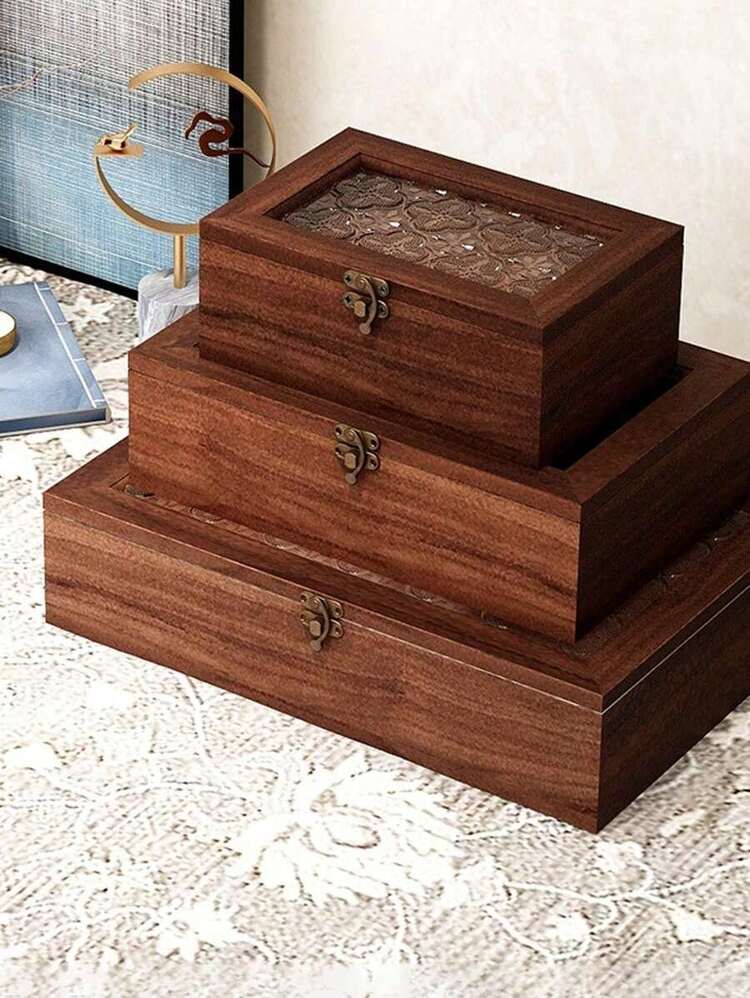 SHEIN 1個 レトロな木製デスクトップ収納ボックス、ジュエリー/化粧品オーガナイザー、北欧スタイルのデスククラッター収納ホルダー(ガラスパターンカッティング面は固定されていません)女性のための夏の収納オーガナイザーギフト - 木の色 - 見る 5