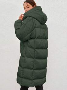 EURMUSE Dual Pocket Drop Shoulder Zipper Hooded Puffer Coat - Army Green - View 2