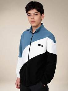 SHEIN Explorewe Chaqueta de otoño/invierno para niños, chaqueta de una sola pieza de estilo de moda con parches de piel sintética de manga larga, diseño de contraste de color que muestra un estilo personalizado, con cuello alto y cremallera. Diseño de cuello alto con cremallera, parches de color azul, blanco y negro de felpa sherpa que resalta la mirada, adecuado para usar en la calle, el campus y en exteriores de otoño/invierno para niños. - Azul - Ver 1