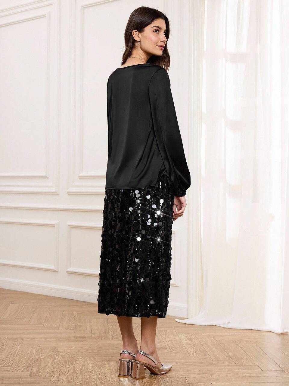 2pcs/Set Women's Elegant Black Satin Top And Sequin Skirt,Evening Party Outfit With Sequin Elements,Autumn Winter Prom Blouses And Skirt Set
