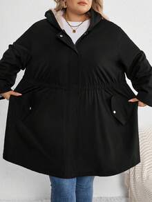 SHEIN CURVE+ 大码女装/秋季服装/秋季女装/冬季女装/冬季女装大码女式长袖前袋休闲宽松连帽抓绒冬装外套大码夹克8XL女装6XL加大码女装5XL加大码女装大码女装 - 黑色 - 查看 3