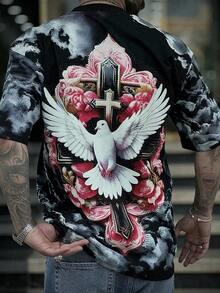 Manfinity Dauomo Men's Cross & Pigeon Print Round Neck Short Sleeve Casual T-Shirt - Black - View 1