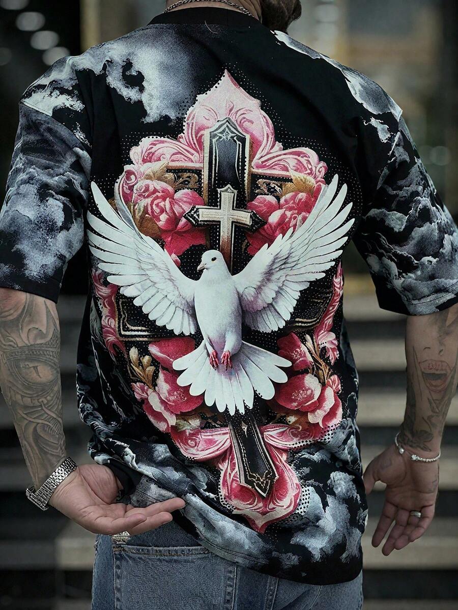 Manfinity Dauomo Men's Cross & Pigeon Print Round Neck Short Sleeve Casual T-Shirt - Black - View 1