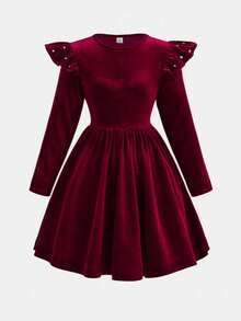 Pitira Tween Girls Elegant Velvet Beaded Ruffle Sleeve Cinched Waist Flare Dress, Wine Red, Suitable For Christmas Party, Autumn/Winter, Christmas Dress Girl Velvet Dress Burgundy Young Girls Formal Dress Tween Christmas Dress