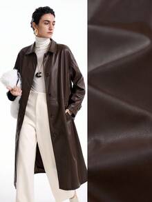 Aalyst Women's Dark Brown Leather Jacket,Chic Autumn Long Over Knee Coat,Shirt Collar,Front Button Closure,Waist Slit,Side Pockets,Office Commute Vintage - Brown - View 1
