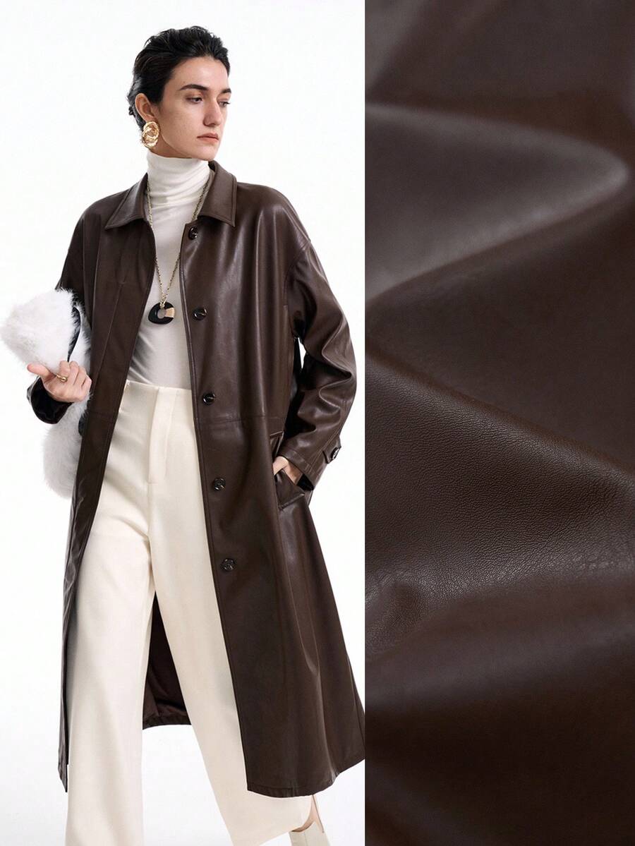 Aalyst Women's Dark Brown Leather Jacket,Chic Autumn Long Over Knee Coat,Shirt Collar,Front Button Closure,Waist Slit,Side Pockets,Office Commute Vintage - Brown - View 1