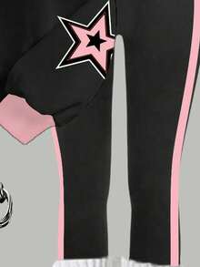 SHEIN Leap Crew 2pcs Tween Girl Casual Black Pink 88 Numeric Print Sweatshirt And Leggings Set,Back-To-School Fashion Sports Style School,Autumn Street Chic Clothes - Multicolor - View 7