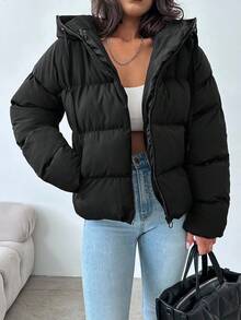 RueChic Zip Up Hooded Puffer Coat - Black - View 6