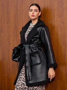 EURMUSE Faux Leather Coat, White Sherpa Lining, Wide Lapel Collar, Belted Waist, Long Sleeve, Warm And Stylish, Perfect For Fall And Winter, Casual And Elegant, Limited Edition Collection, High Quality - Black - View 4