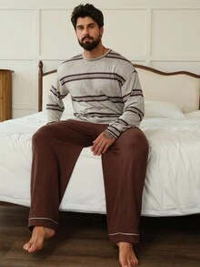 DAZY 男士撞色条纹印花T恤搭配纯色弹力腰裤家居服套装，休闲居家服，秋冬睡衣 - 彩色 - 查看 6