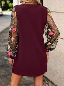 EMERY ROSE Elegant Commuter Floral Embroidery Mesh Patchwork Dress - Dark Red - View 2