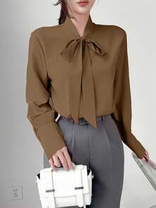 EMERY ROSE Áo sơ mi cổ buộc màu trơn thanh lịch cho đi làm, mùa thu - màu nâu - Xem 1